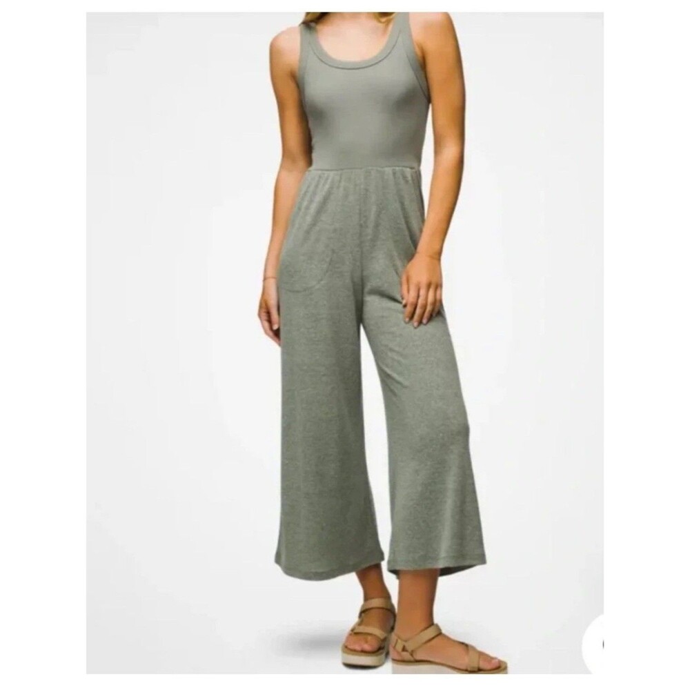 Prana Cozy Up Bayjou Sleeveless Wide Leg Cropped Jumpsuit Size S Green Heather